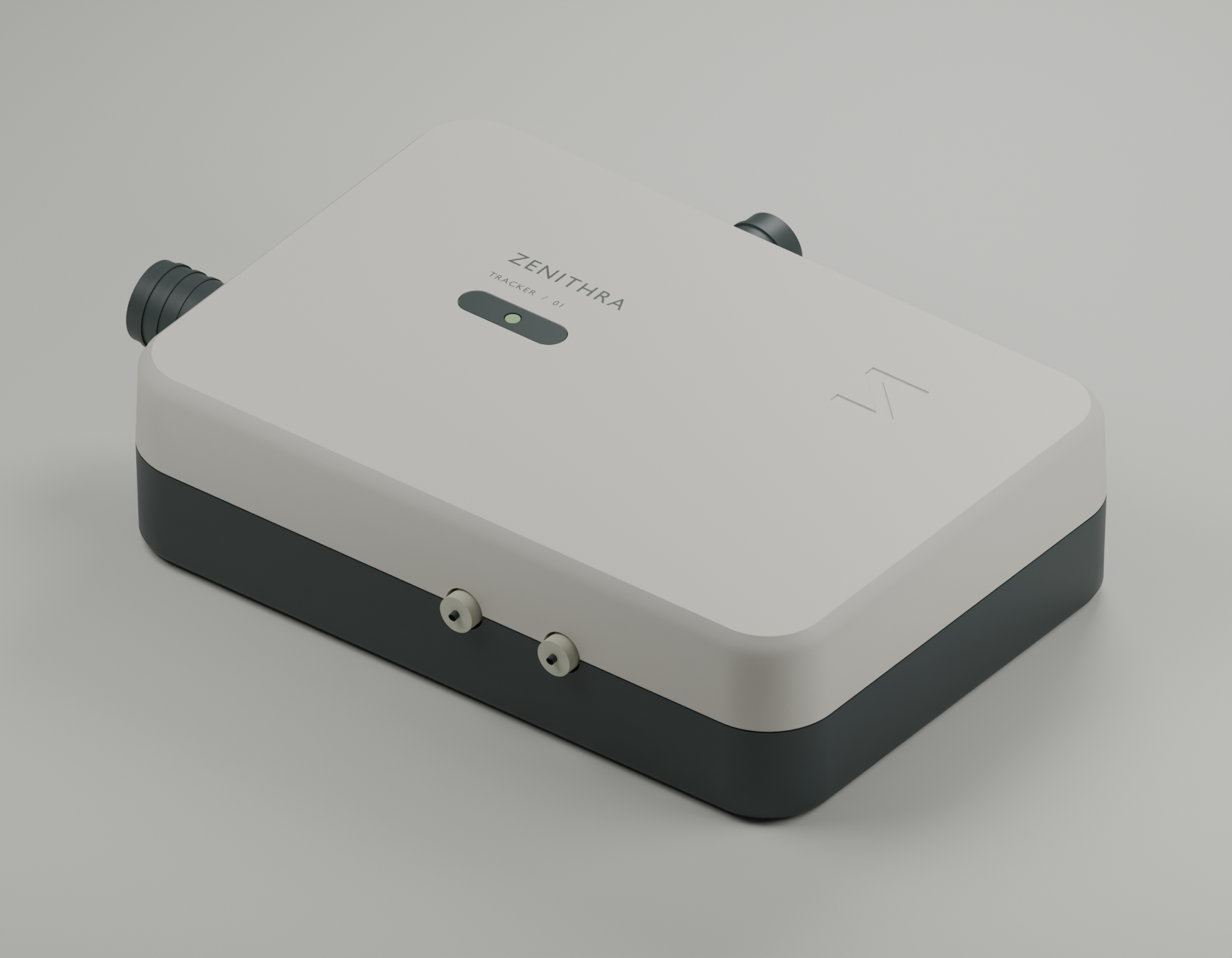CAD-derived studio rendering of the rounded two-tone Arzen tracker with a clean top and single status indicator