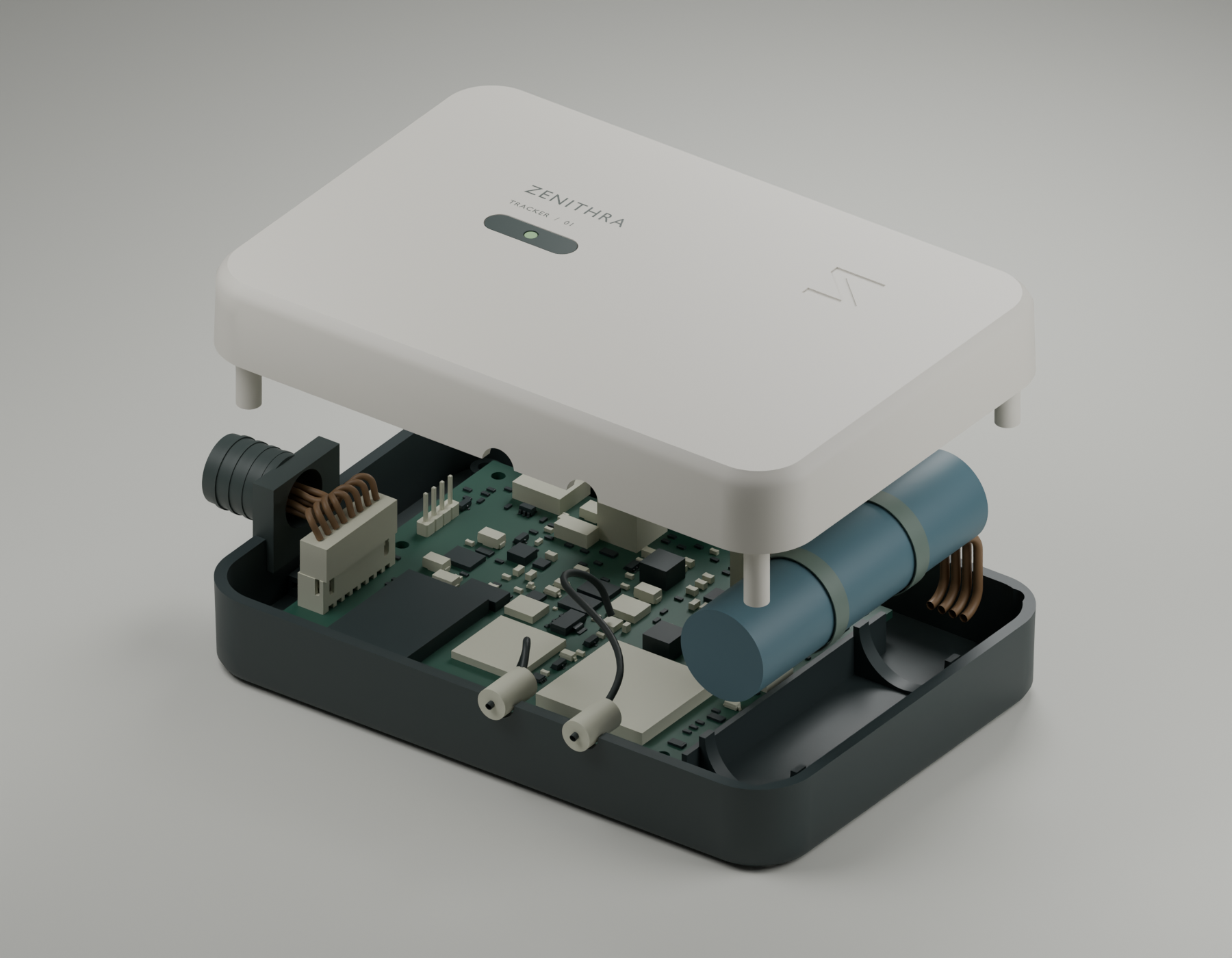 Exploded CAD assembly with upper shell, light pipe, battery, PCB and lower enclosure